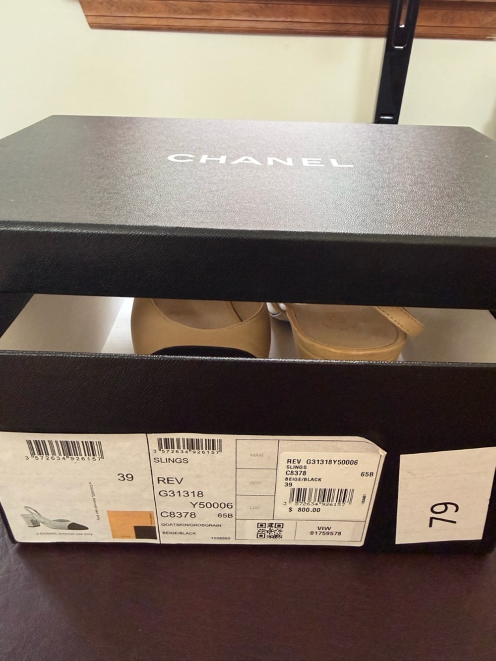 CHANEL Beige and Black Slingback Sandals. Size 39. No trades. No returns.